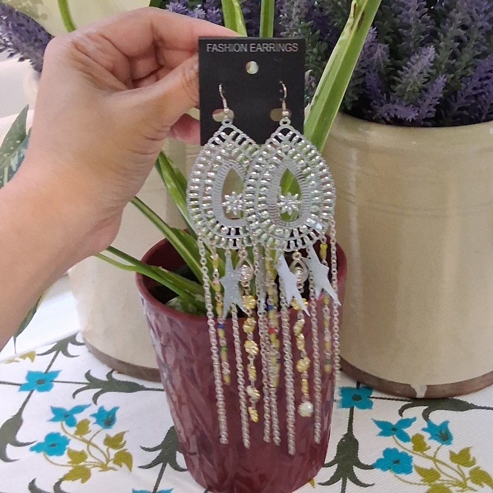 Boho Silver Extra Long Celestial Stars Flowers Dangle Earrings